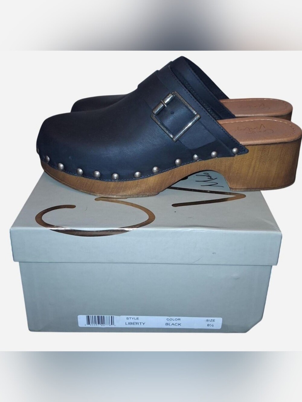 Crown Vintage Black Leather Studded Wooden Clogs